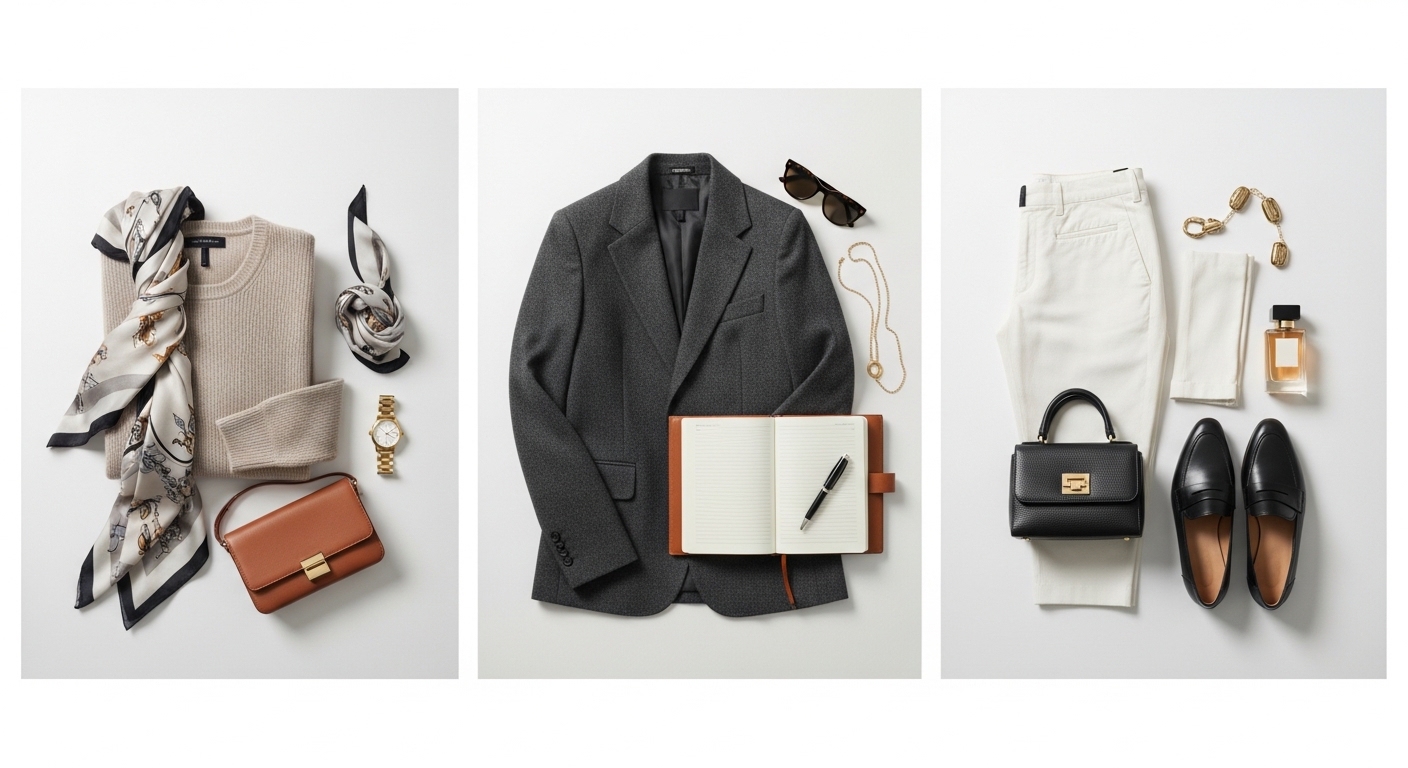 AI moda çekimi triptych flatlay