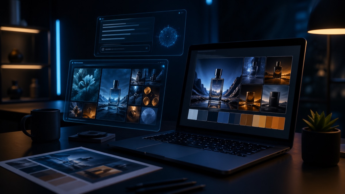 GPT-4o AI brand visual — dark studio with laptop showing AI-generated mood board